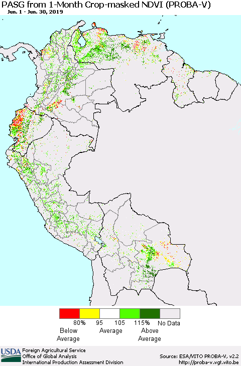 Northern South America PASG from 1-Month Crop-masked NDVI (PROBA-V) Thematic Map For 6/21/2019 - 6/30/2019