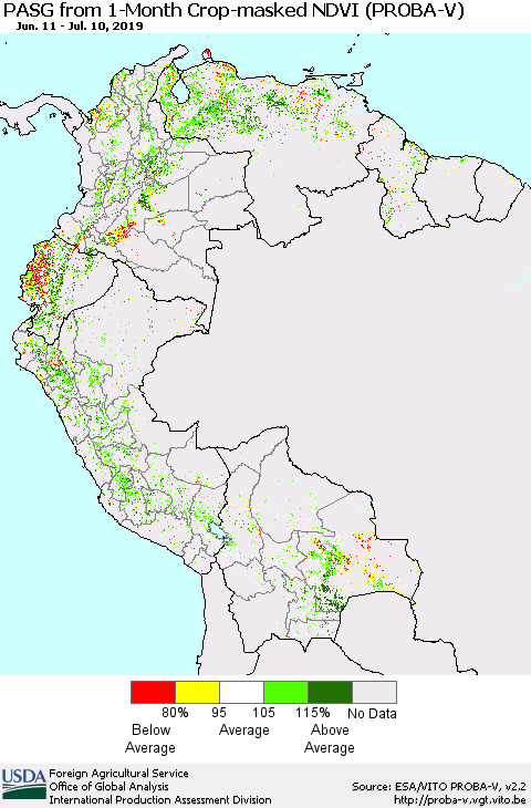 Northern South America PASG from 1-Month Crop-masked NDVI (PROBA-V) Thematic Map For 7/1/2019 - 7/10/2019