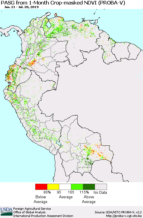 Northern South America PASG from 1-Month Crop-masked NDVI (PROBA-V) Thematic Map For 7/11/2019 - 7/20/2019