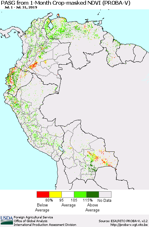 Northern South America PASG from 1-Month Crop-masked NDVI (PROBA-V) Thematic Map For 7/21/2019 - 7/31/2019