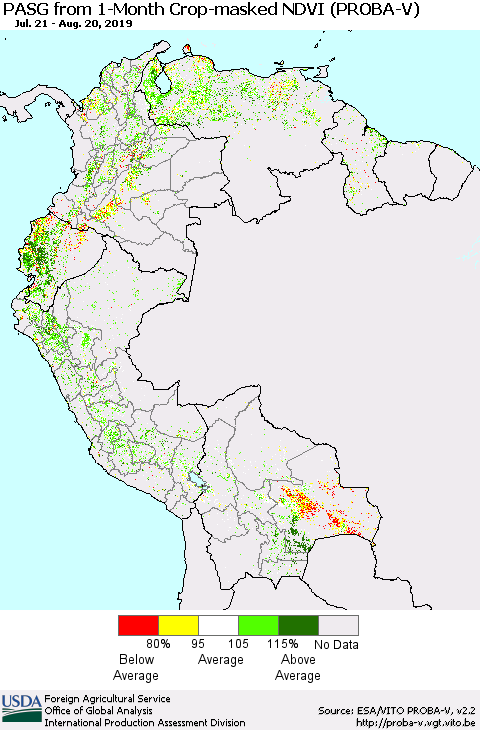 Northern South America PASG from 1-Month Crop-masked NDVI (PROBA-V) Thematic Map For 8/11/2019 - 8/20/2019