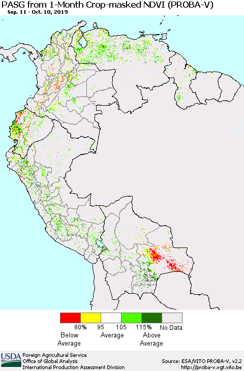 Northern South America PASG from 1-Month Crop-masked NDVI (PROBA-V) Thematic Map For 10/1/2019 - 10/10/2019