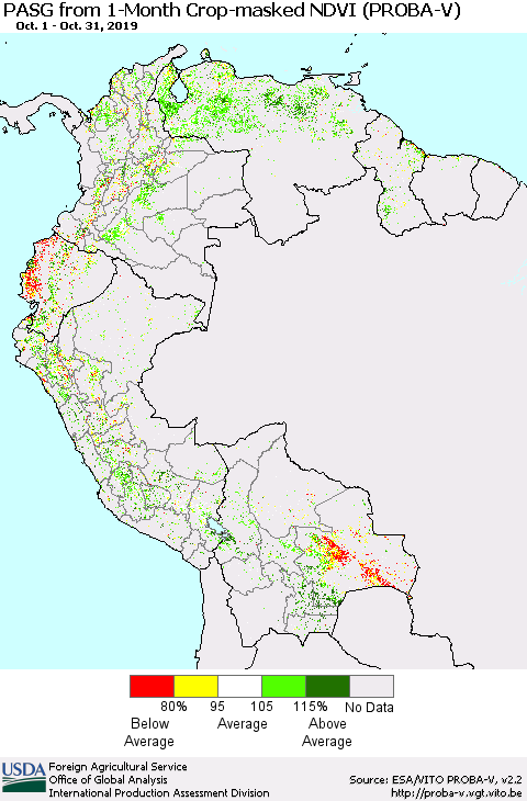 Northern South America PASG from 1-Month Crop-masked NDVI (PROBA-V) Thematic Map For 10/21/2019 - 10/31/2019