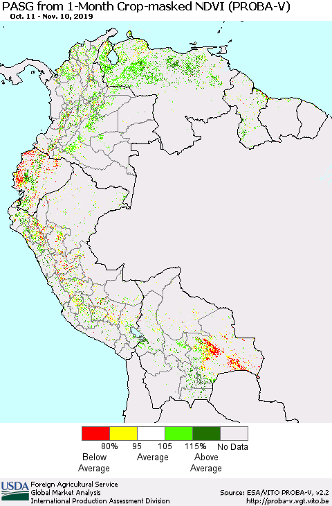 Northern South America PASG from 1-Month Crop-masked NDVI (PROBA-V) Thematic Map For 11/1/2019 - 11/10/2019