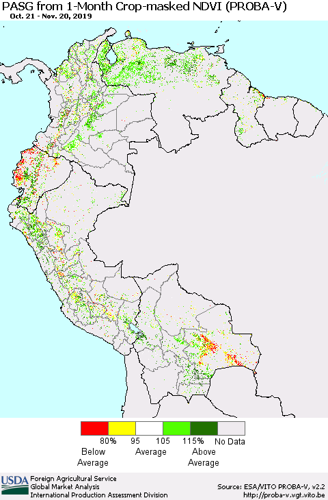 Northern South America PASG from 1-Month Crop-masked NDVI (PROBA-V) Thematic Map For 11/11/2019 - 11/20/2019