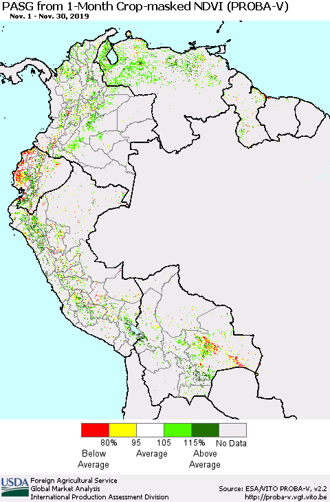Northern South America PASG from 1-Month Crop-masked NDVI (PROBA-V) Thematic Map For 11/21/2019 - 11/30/2019