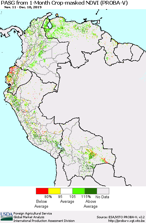 Northern South America PASG from 1-Month Crop-masked NDVI (PROBA-V) Thematic Map For 12/1/2019 - 12/10/2019