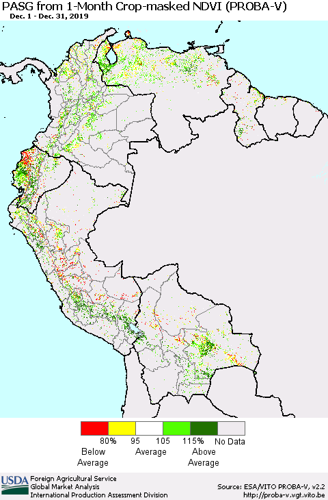 Northern South America PASG from 1-Month Crop-masked NDVI (PROBA-V) Thematic Map For 12/21/2019 - 12/31/2019
