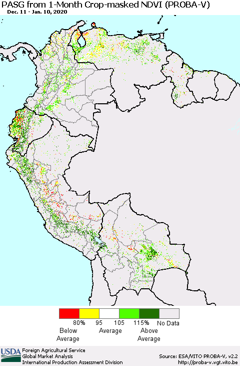Northern South America PASG from 1-Month Crop-masked NDVI (PROBA-V) Thematic Map For 1/1/2020 - 1/10/2020