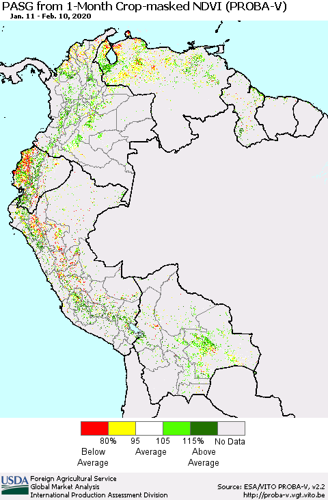 Northern South America PASG from 1-Month Crop-masked NDVI (PROBA-V) Thematic Map For 2/1/2020 - 2/10/2020