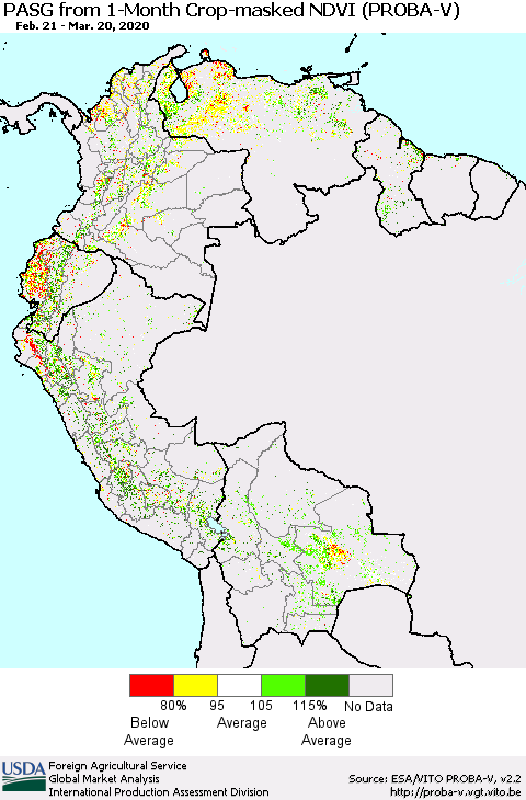 Northern South America PASG from 1-Month Crop-masked NDVI (PROBA-V) Thematic Map For 3/11/2020 - 3/20/2020