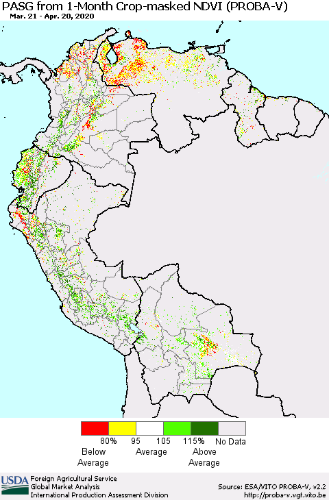 Northern South America PASG from 1-Month Crop-masked NDVI (PROBA-V) Thematic Map For 4/11/2020 - 4/20/2020