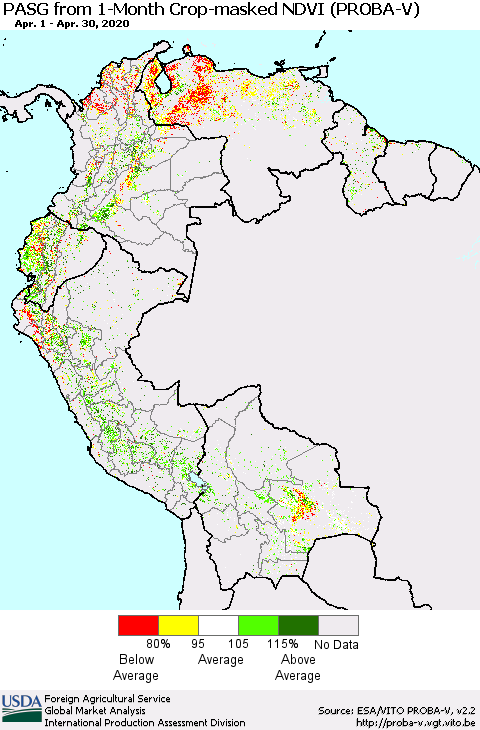 Northern South America PASG from 1-Month Crop-masked NDVI (PROBA-V) Thematic Map For 4/21/2020 - 4/30/2020