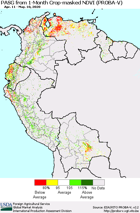 Northern South America PASG from 1-Month Crop-masked NDVI (PROBA-V) Thematic Map For 5/1/2020 - 5/10/2020