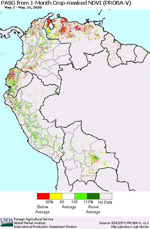 Northern South America PASG from 1-Month Crop-masked NDVI (PROBA-V) Thematic Map For 5/21/2020 - 5/31/2020