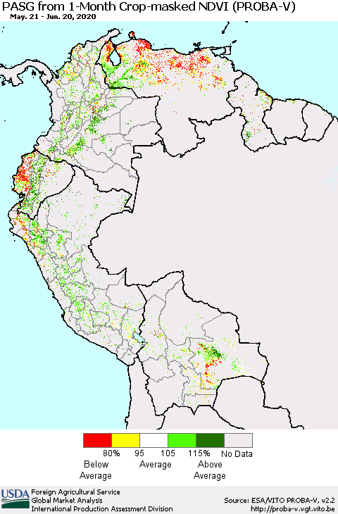 Northern South America PASG from 1-Month Crop-masked NDVI (PROBA-V) Thematic Map For 6/11/2020 - 6/20/2020