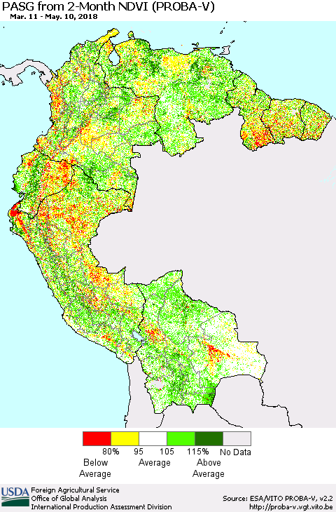 Northern South America PASG from 2-Month NDVI (PROBA-V) Thematic Map For 5/1/2018 - 5/10/2018