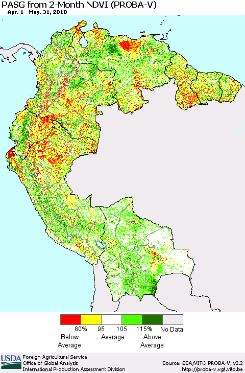 Northern South America PASG from 2-Month NDVI (PROBA-V) Thematic Map For 5/21/2018 - 5/31/2018