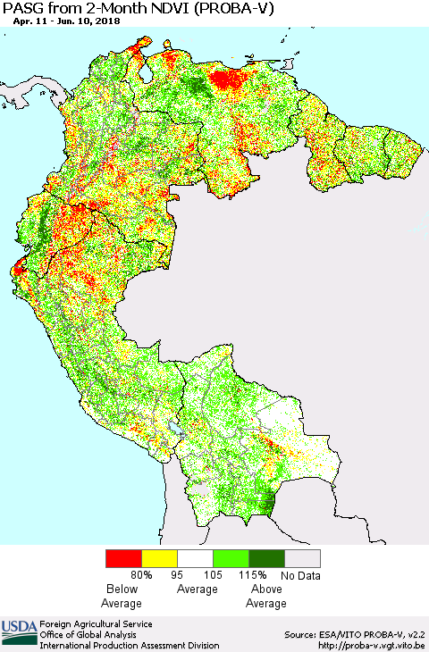 Northern South America PASG from 2-Month NDVI (PROBA-V) Thematic Map For 6/1/2018 - 6/10/2018