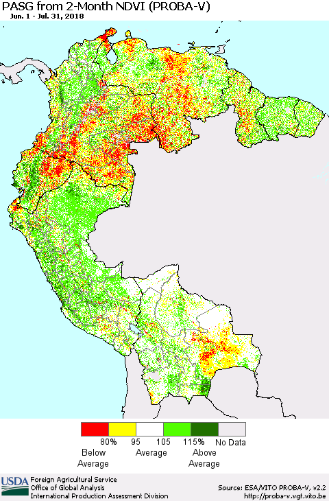 Northern South America PASG from 2-Month NDVI (PROBA-V) Thematic Map For 7/21/2018 - 7/31/2018