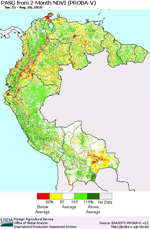 Northern South America PASG from 2-Month NDVI (PROBA-V) Thematic Map For 8/11/2018 - 8/20/2018