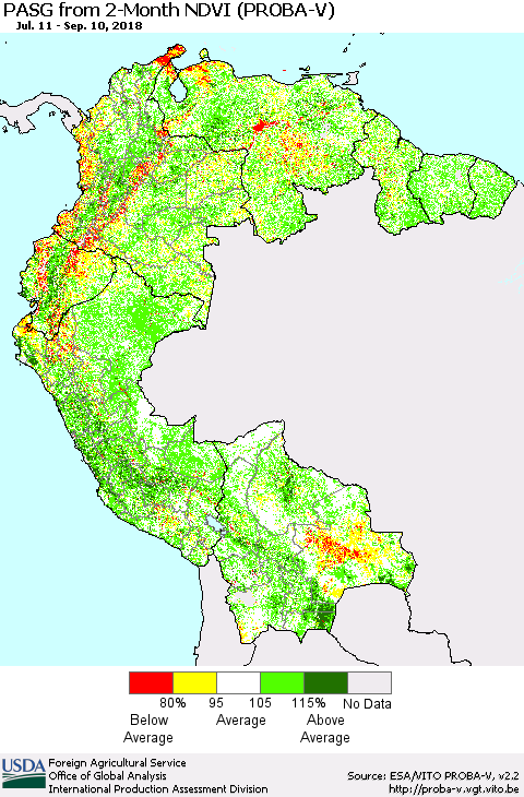 Northern South America PASG from 2-Month NDVI (PROBA-V) Thematic Map For 9/1/2018 - 9/10/2018