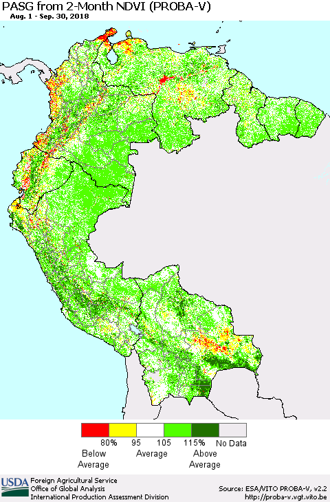 Northern South America PASG from 2-Month NDVI (PROBA-V) Thematic Map For 9/21/2018 - 9/30/2018