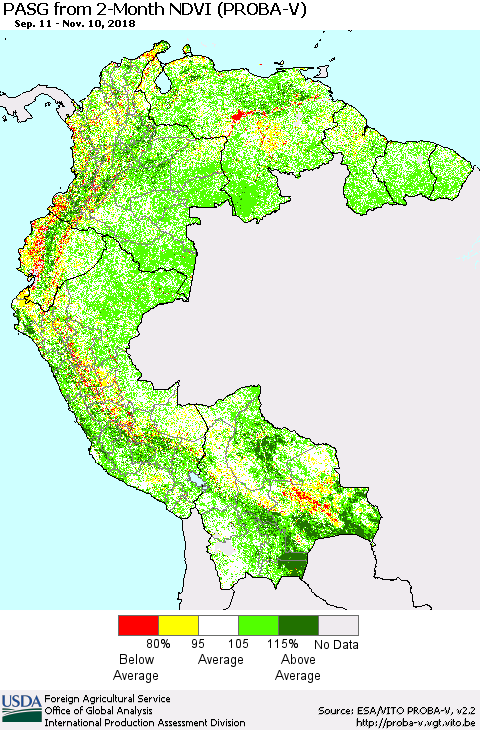 Northern South America PASG from 2-Month NDVI (PROBA-V) Thematic Map For 11/1/2018 - 11/10/2018