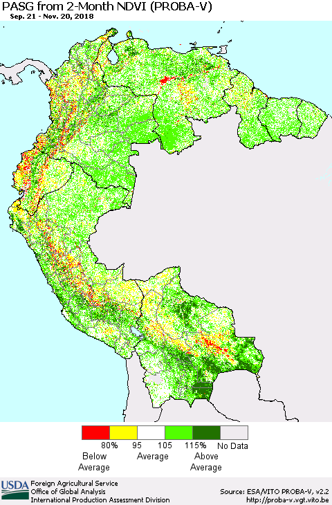 Northern South America PASG from 2-Month NDVI (PROBA-V) Thematic Map For 11/11/2018 - 11/20/2018