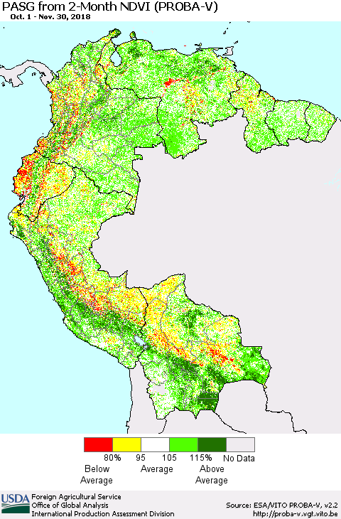 Northern South America PASG from 2-Month NDVI (PROBA-V) Thematic Map For 11/21/2018 - 11/30/2018