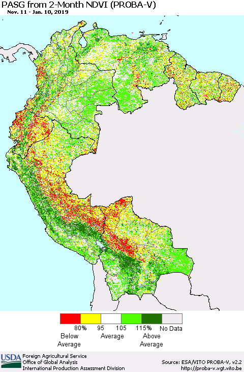 Northern South America PASG from 2-Month NDVI (PROBA-V) Thematic Map For 1/1/2019 - 1/10/2019