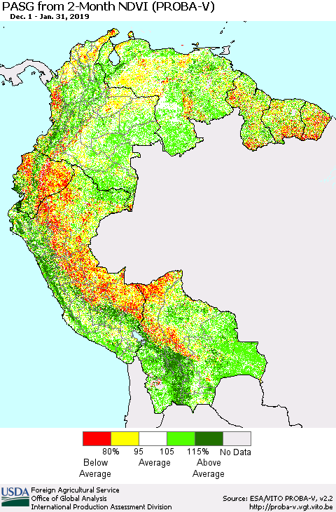 Northern South America PASG from 2-Month NDVI (PROBA-V) Thematic Map For 1/21/2019 - 1/31/2019