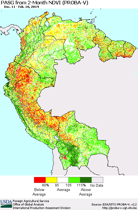 Northern South America PASG from 2-Month NDVI (PROBA-V) Thematic Map For 2/1/2019 - 2/10/2019