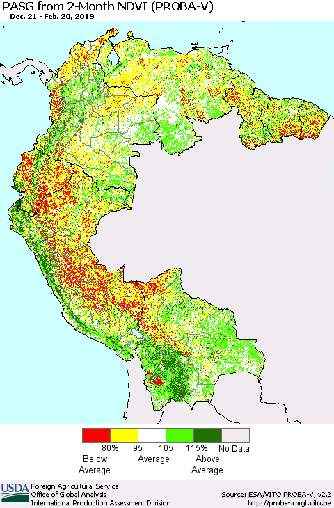 Northern South America PASG from 2-Month NDVI (PROBA-V) Thematic Map For 2/11/2019 - 2/20/2019