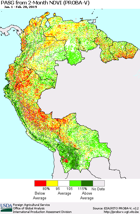 Northern South America PASG from 2-Month NDVI (PROBA-V) Thematic Map For 2/21/2019 - 2/28/2019