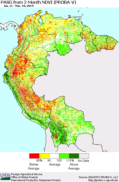 Northern South America PASG from 2-Month NDVI (PROBA-V) Thematic Map For 3/1/2019 - 3/10/2019