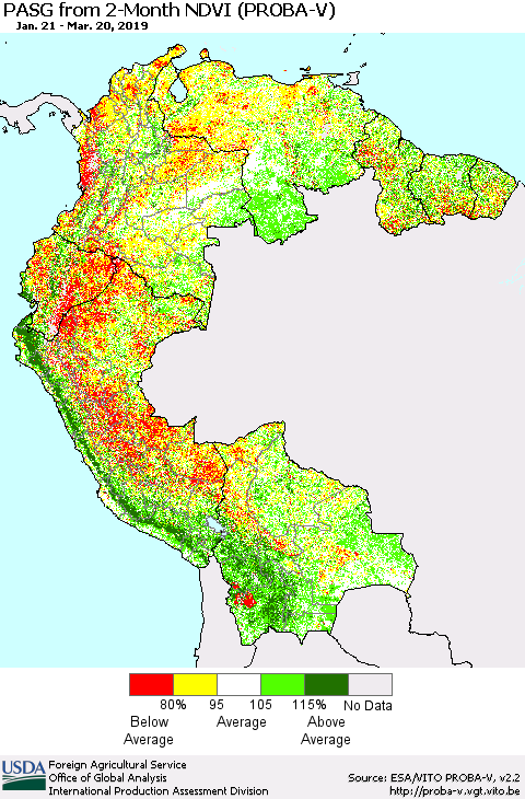Northern South America PASG from 2-Month NDVI (PROBA-V) Thematic Map For 3/11/2019 - 3/20/2019