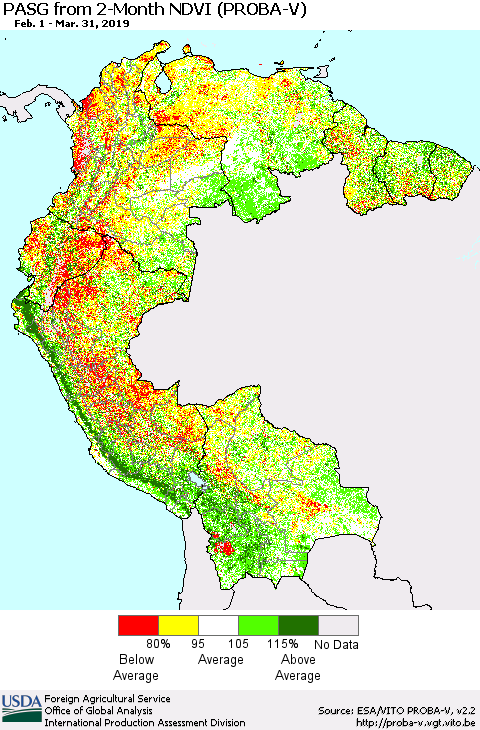 Northern South America PASG from 2-Month NDVI (PROBA-V) Thematic Map For 3/21/2019 - 3/31/2019