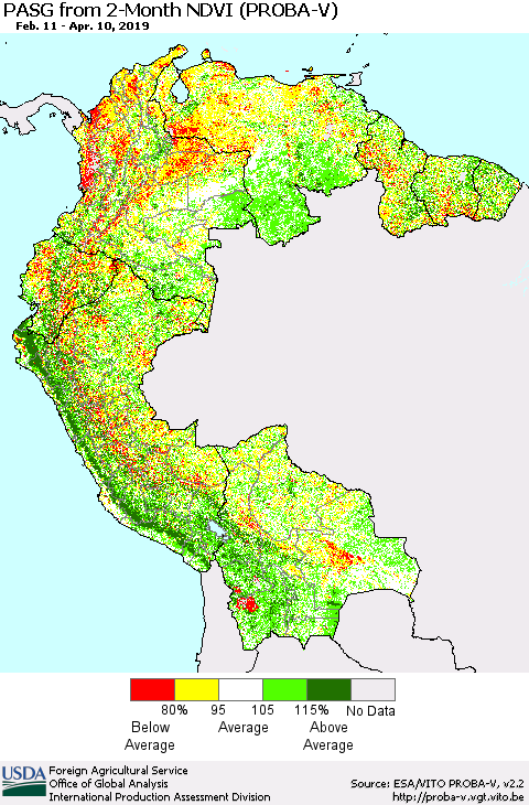 Northern South America PASG from 2-Month NDVI (PROBA-V) Thematic Map For 4/1/2019 - 4/10/2019