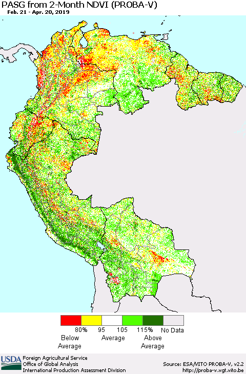 Northern South America PASG from 2-Month NDVI (PROBA-V) Thematic Map For 4/11/2019 - 4/20/2019