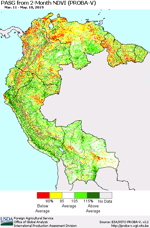 Northern South America PASG from 2-Month NDVI (PROBA-V) Thematic Map For 5/1/2019 - 5/10/2019