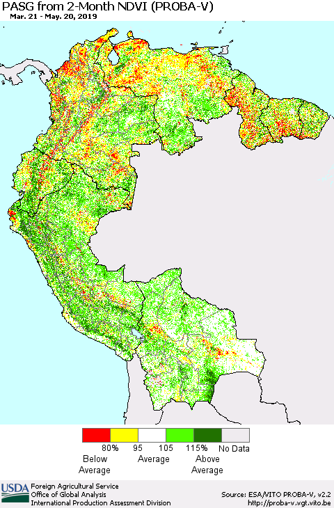 Northern South America PASG from 2-Month NDVI (PROBA-V) Thematic Map For 5/11/2019 - 5/20/2019