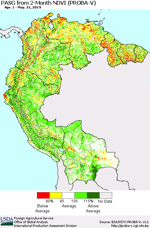 Northern South America PASG from 2-Month NDVI (PROBA-V) Thematic Map For 5/21/2019 - 5/31/2019