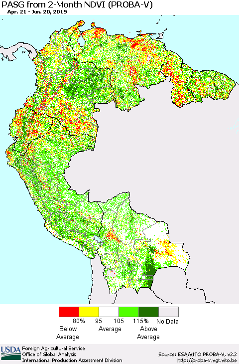 Northern South America PASG from 2-Month NDVI (PROBA-V) Thematic Map For 6/11/2019 - 6/20/2019