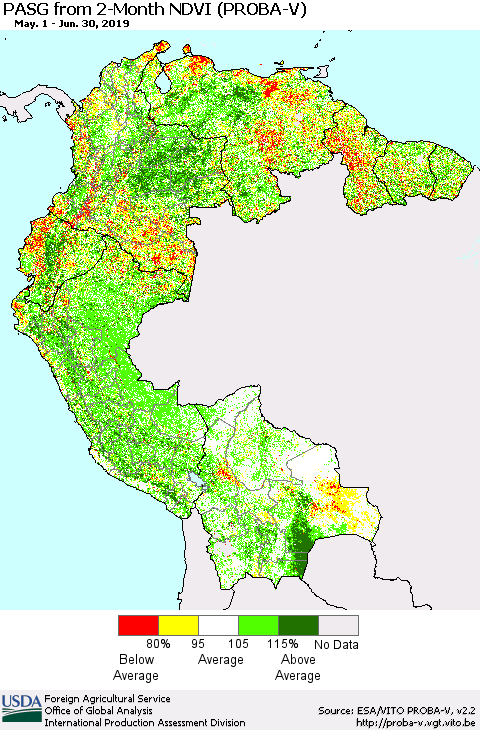 Northern South America PASG from 2-Month NDVI (PROBA-V) Thematic Map For 6/21/2019 - 6/30/2019