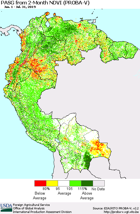 Northern South America PASG from 2-Month NDVI (PROBA-V) Thematic Map For 7/21/2019 - 7/31/2019