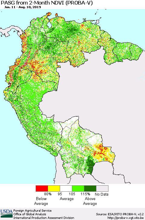 Northern South America PASG from 2-Month NDVI (PROBA-V) Thematic Map For 8/1/2019 - 8/10/2019