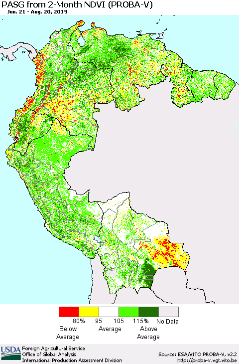 Northern South America PASG from 2-Month NDVI (PROBA-V) Thematic Map For 8/11/2019 - 8/20/2019