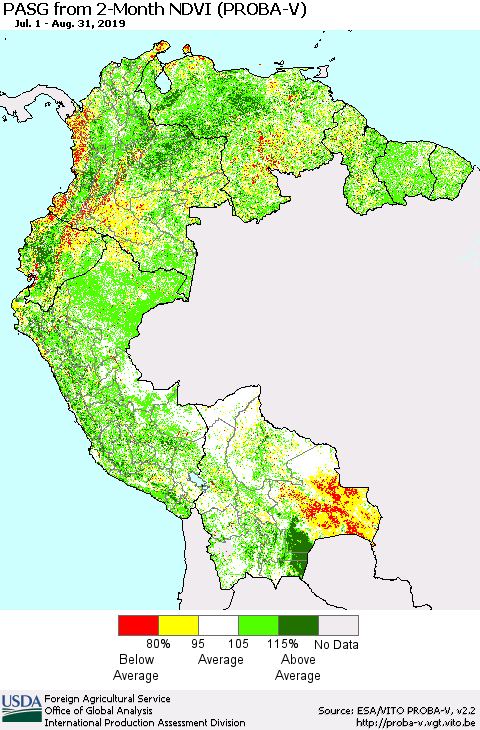 Northern South America PASG from 2-Month NDVI (PROBA-V) Thematic Map For 8/21/2019 - 8/31/2019