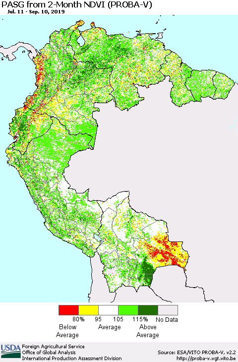Northern South America PASG from 2-Month NDVI (PROBA-V) Thematic Map For 9/1/2019 - 9/10/2019